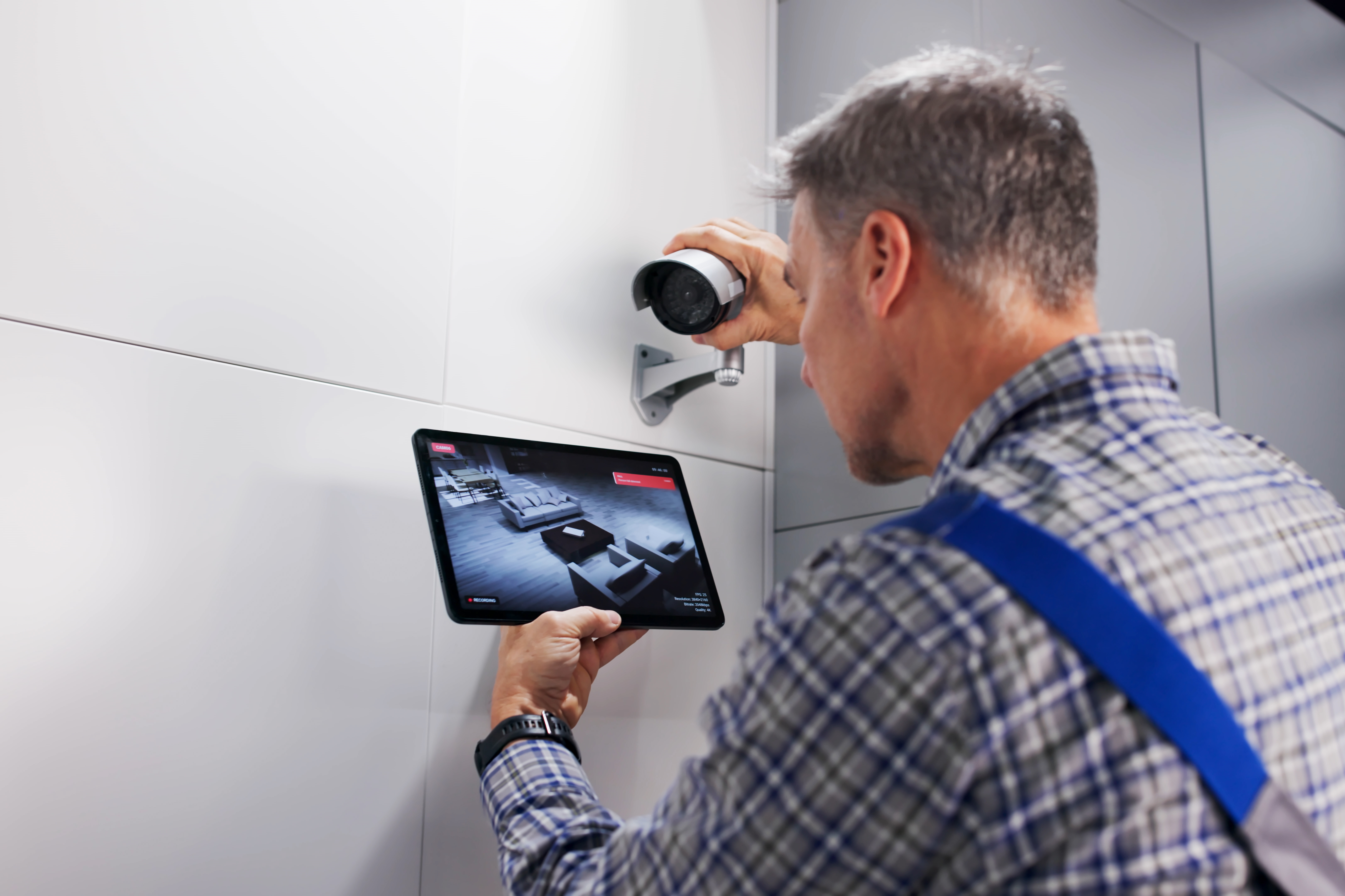 Skilled Technician Installs Secure CCTV Surveillance Camera Alarm System Professionally.
